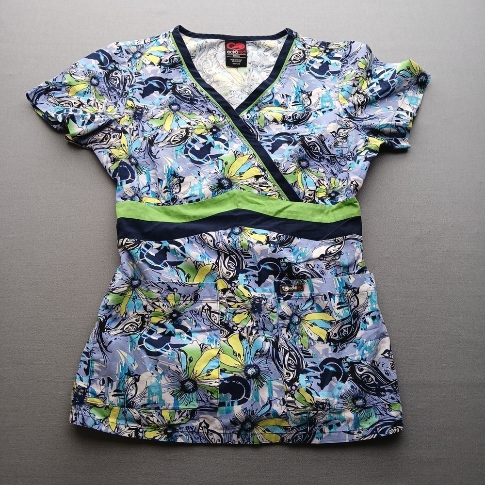 Ecko Red Womens S Floral Scrub Top V-Neck‎ Pockets Stretch Multi Color Pre Owned
